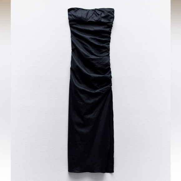 New ZARA Linen Bland Ruched Strapless Midi Dress - Picture 3 of 6